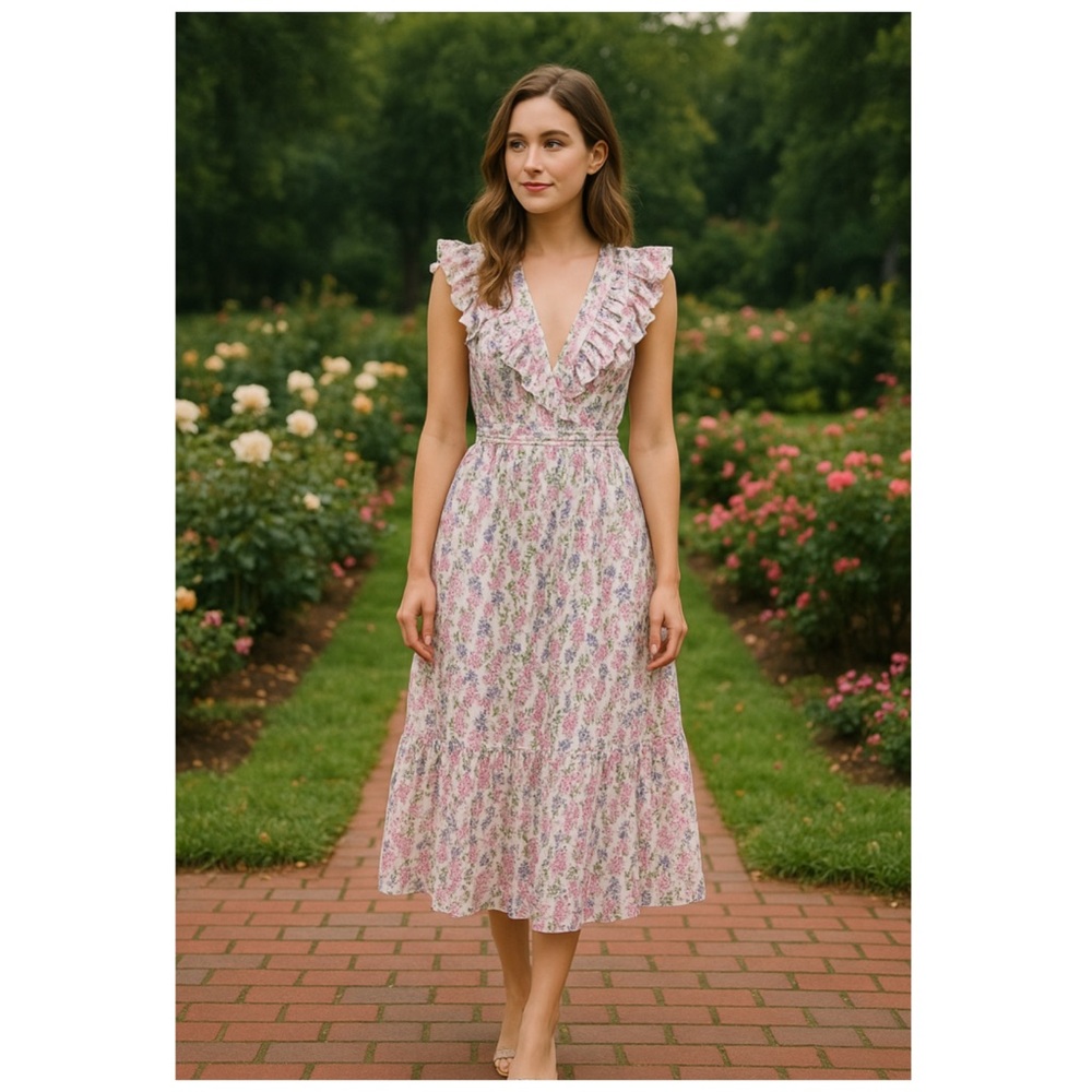 BY TIMO Floral Ruffle V Neck Midi Dress White Pink NWT Size XL